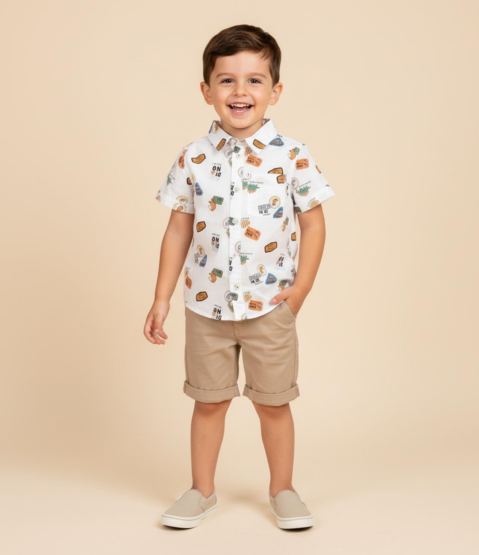 Camisa Infantil com Bolso e Estampa de Dinos - Tam 1 a 6 Anos Branco 1
