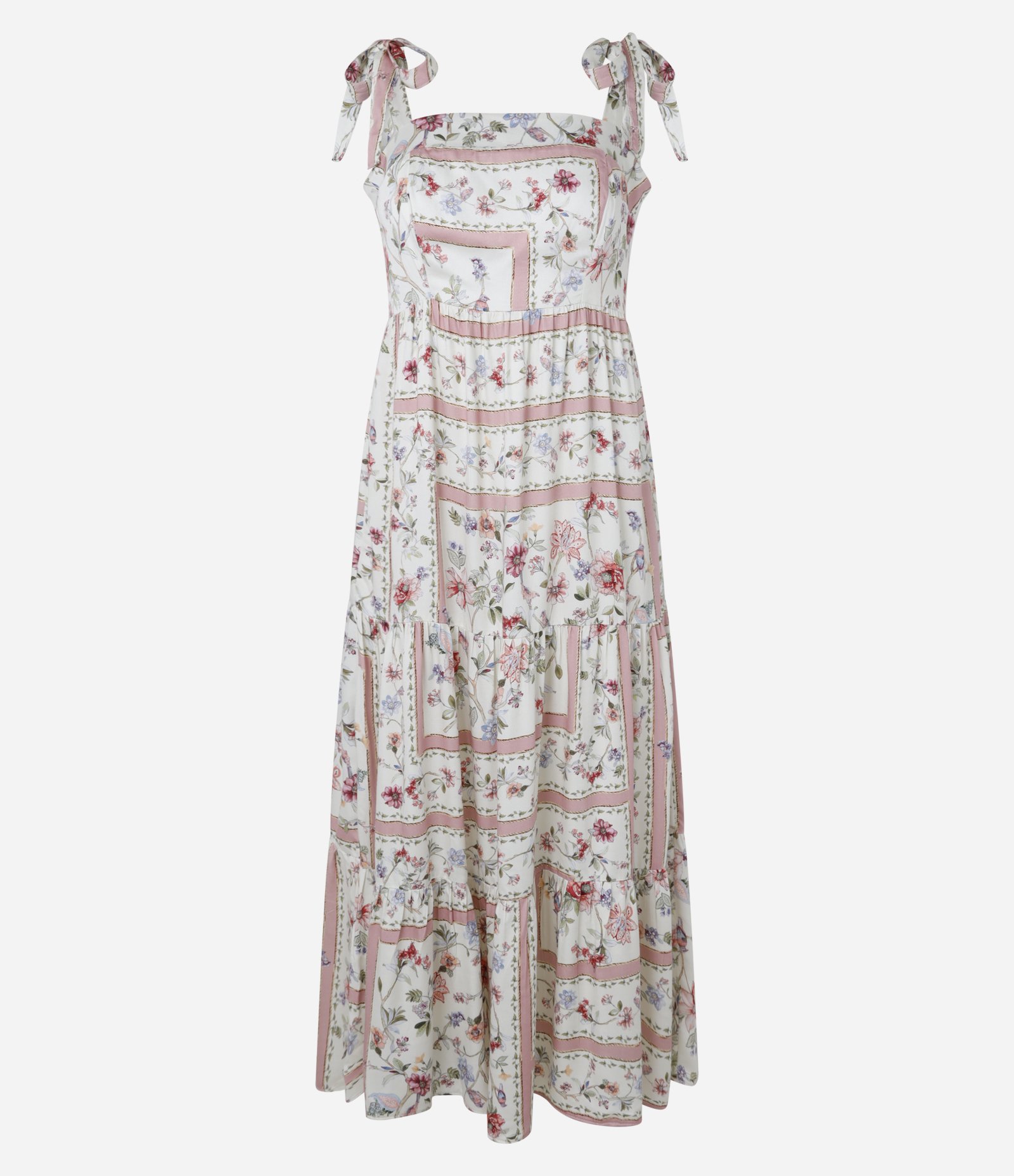 Vestido Evasê Midi em Viscose com Flores Estampadas Off White/Rosa 5