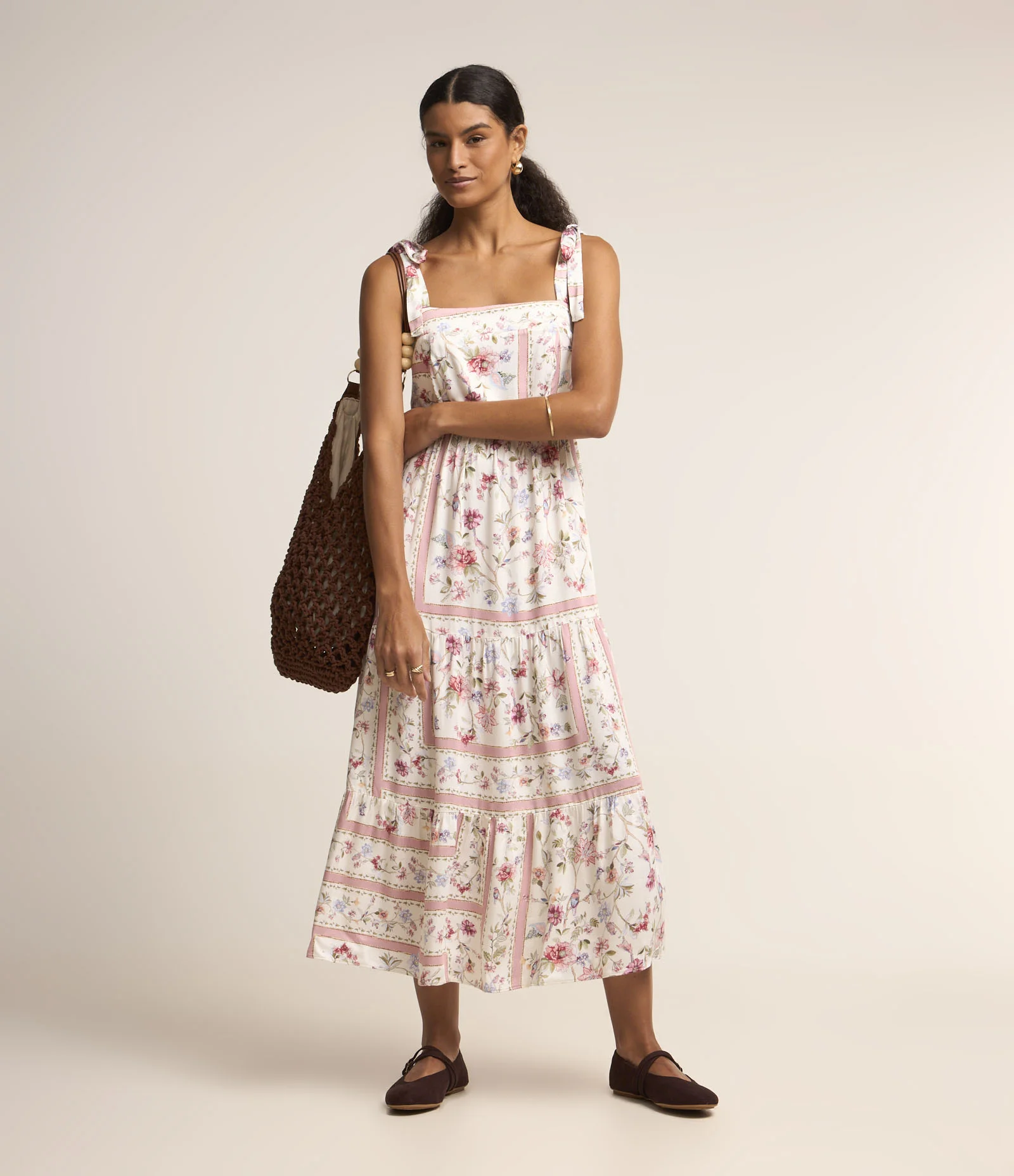 Vestido Evasê Midi em Viscose com Flores Estampadas Off White/Rosa 2