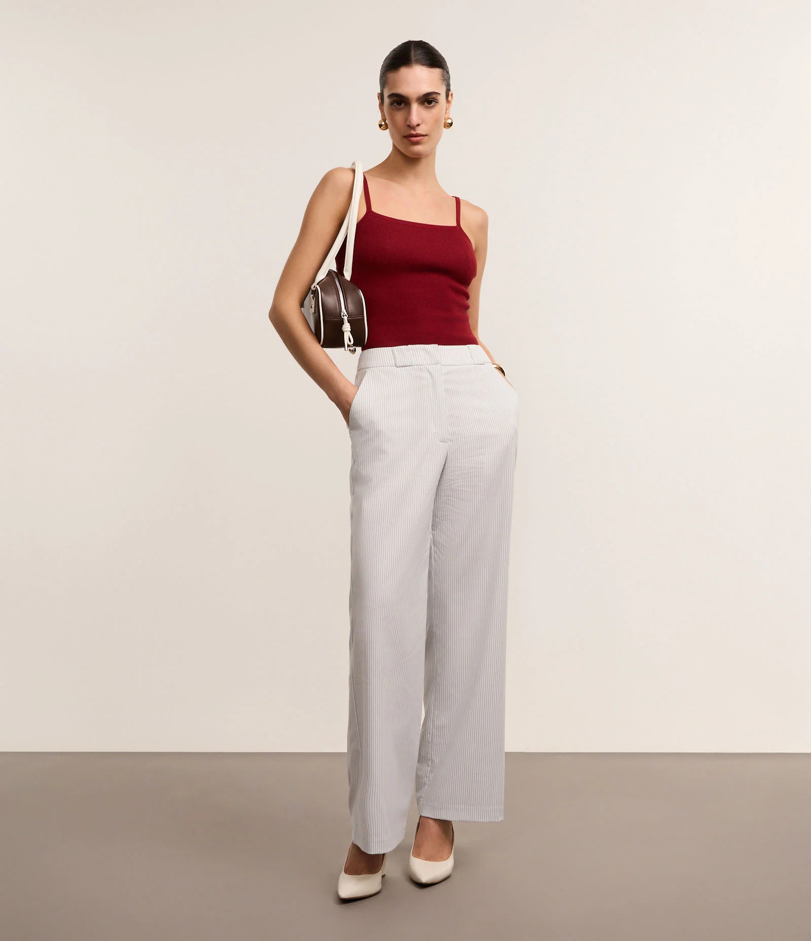 Calça Reta Alfaiatada Listrada com Cintura Alta e Fio Tinto Branco 1