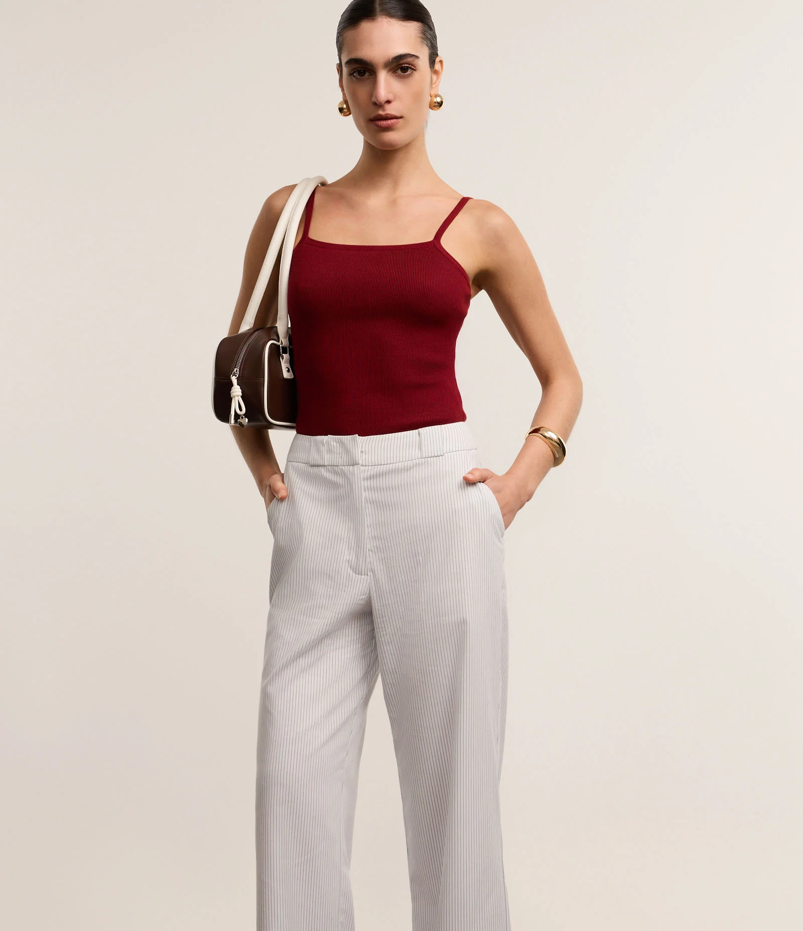 Calça Reta Alfaiatada Listrada com Cintura Alta e Fio Tinto Branco 2