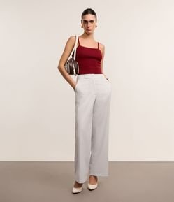 Calça Reta Alfaiatada Listrada com Cintura Alta e Fio Tinto