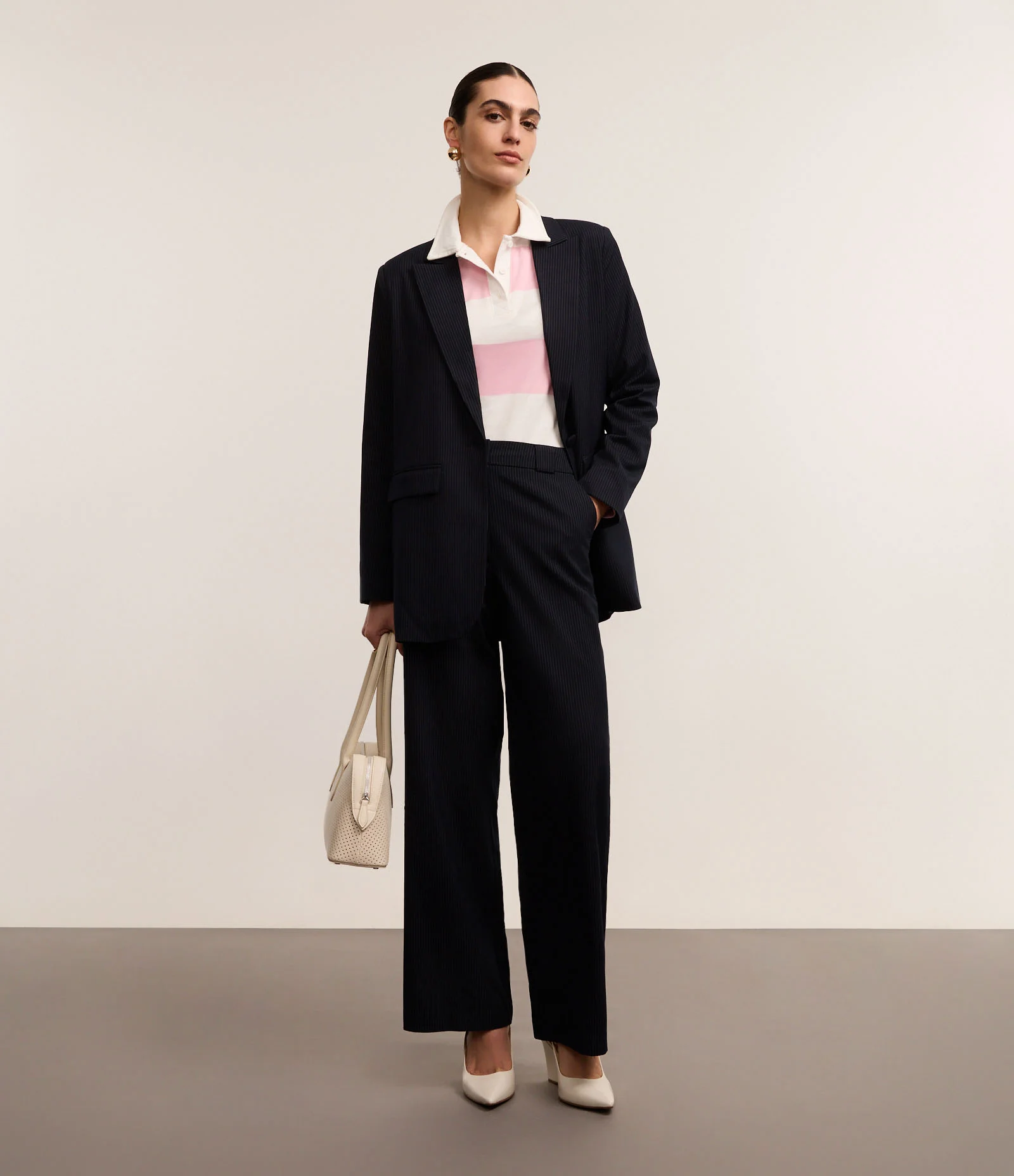 Calça Reta Alfaiatada Listrada com Cintura Alta e Fio Tinto Azul Marinho 1