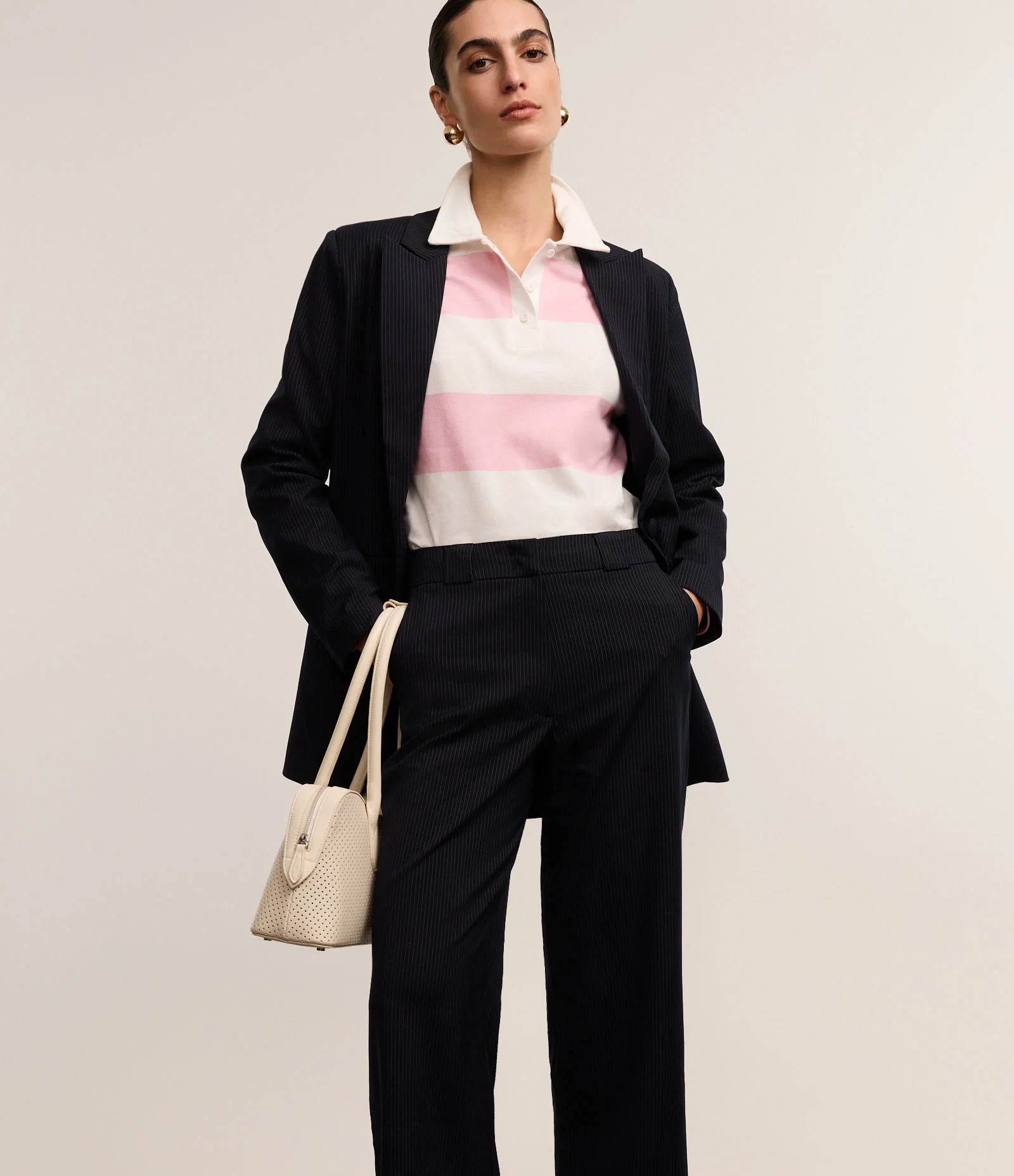 Calça Reta Alfaiatada Listrada com Cintura Alta e Fio Tinto Azul Marinho 2