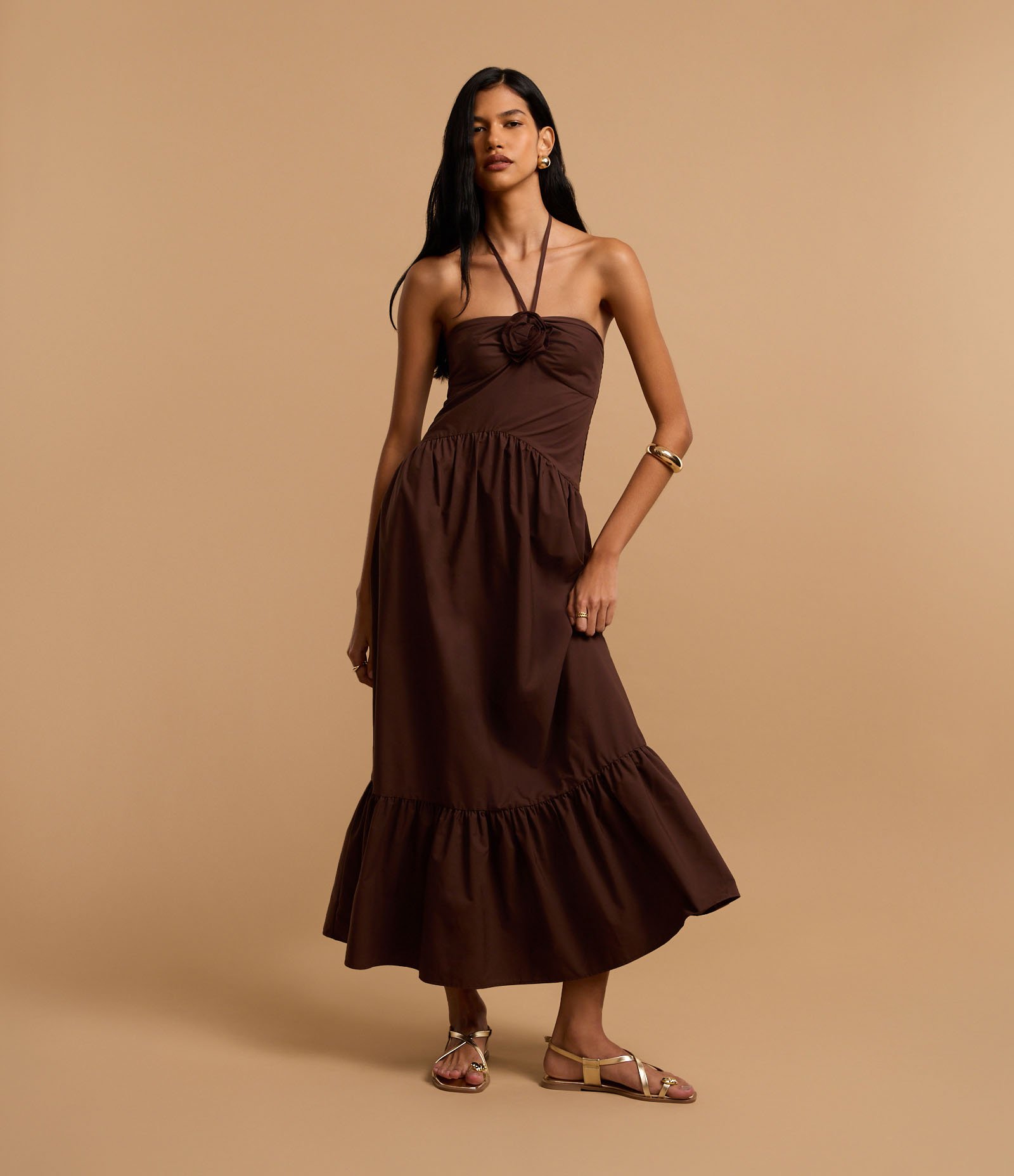 Vestido Evasê Midi en Tricoline com Flor de Tecido Marrom 7