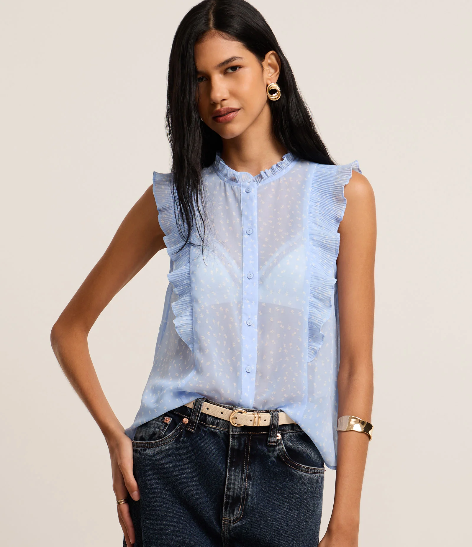 Camisa em Chiffon com Babados e Estampa Floral Azul 1