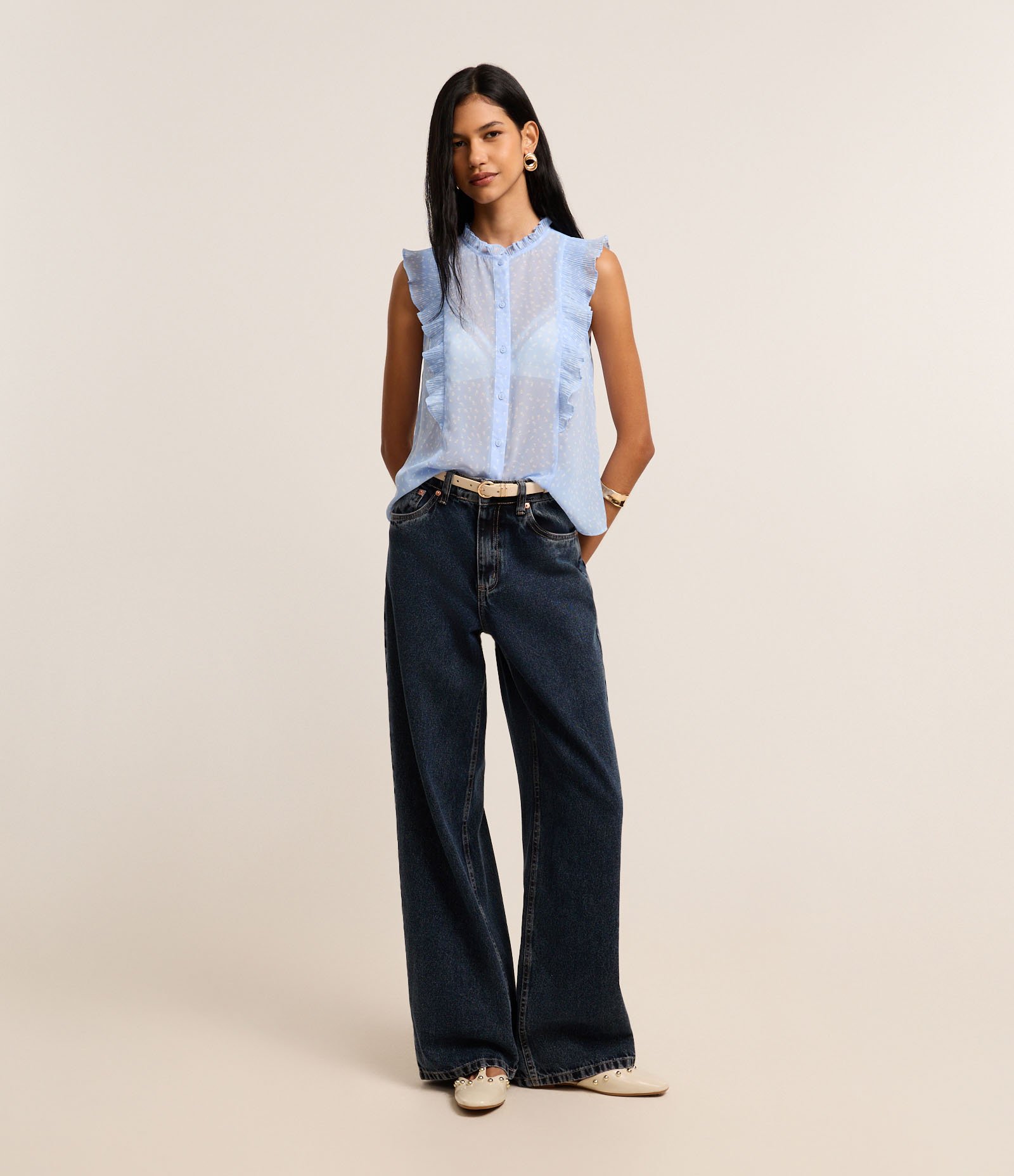 Camisa em Chiffon com Babados e Estampa Floral Azul 2