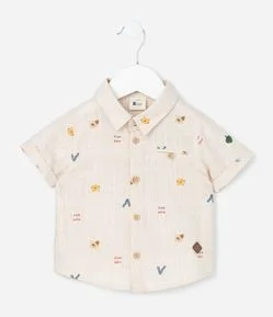 Camisa Infantil em Linho com Estampa Bichinhos - Tam 0 a 18 meses
