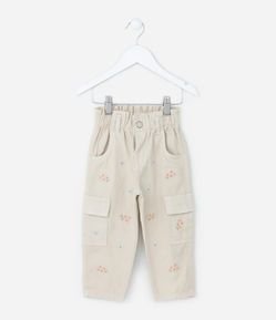 Calça Infantil com Bolsos Cargo e Bordado Florzinhas - Tam 1 a 6 Anos