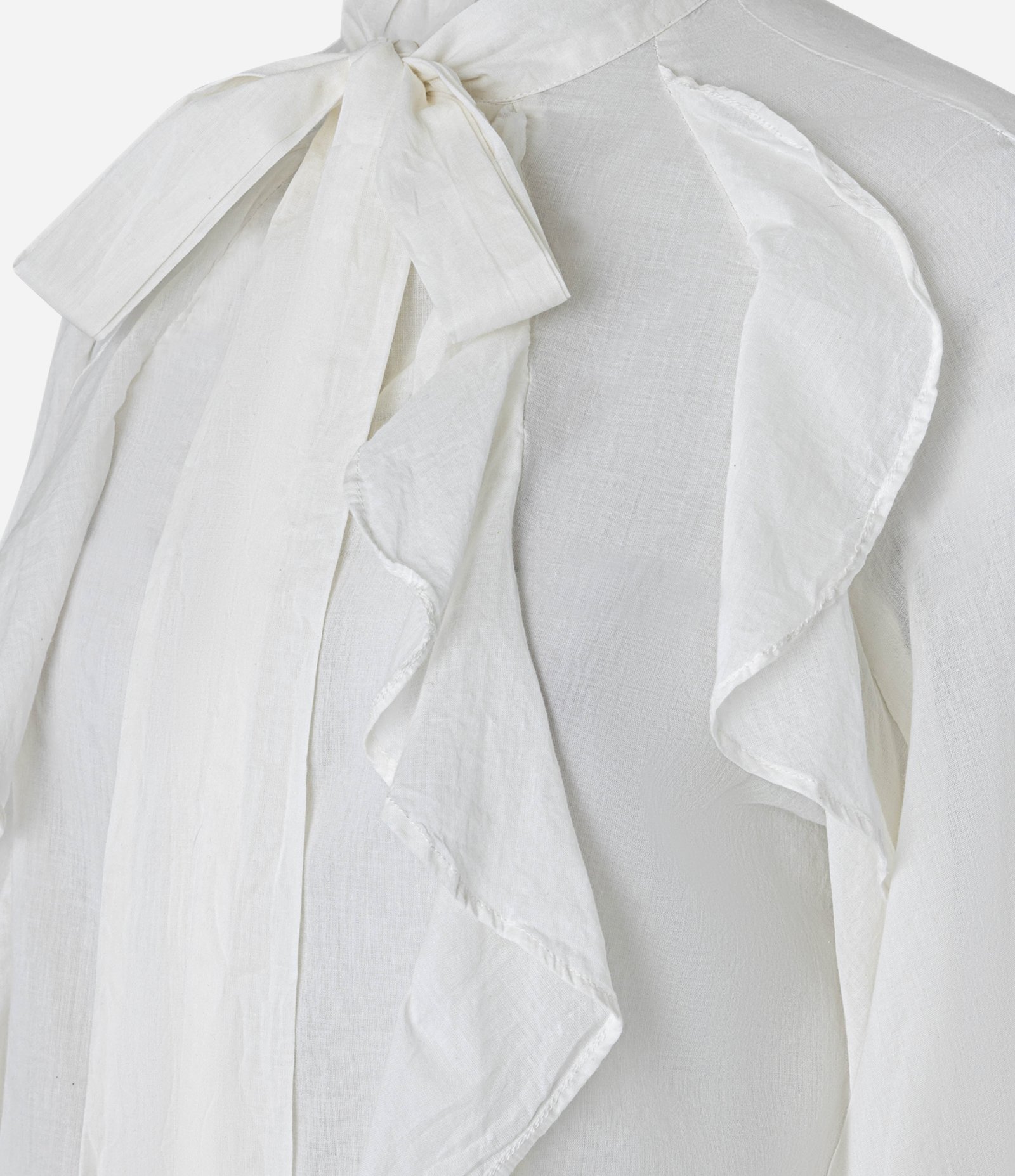 Camisa em Voal com Gola Laço e Babados Jabô Off White 9