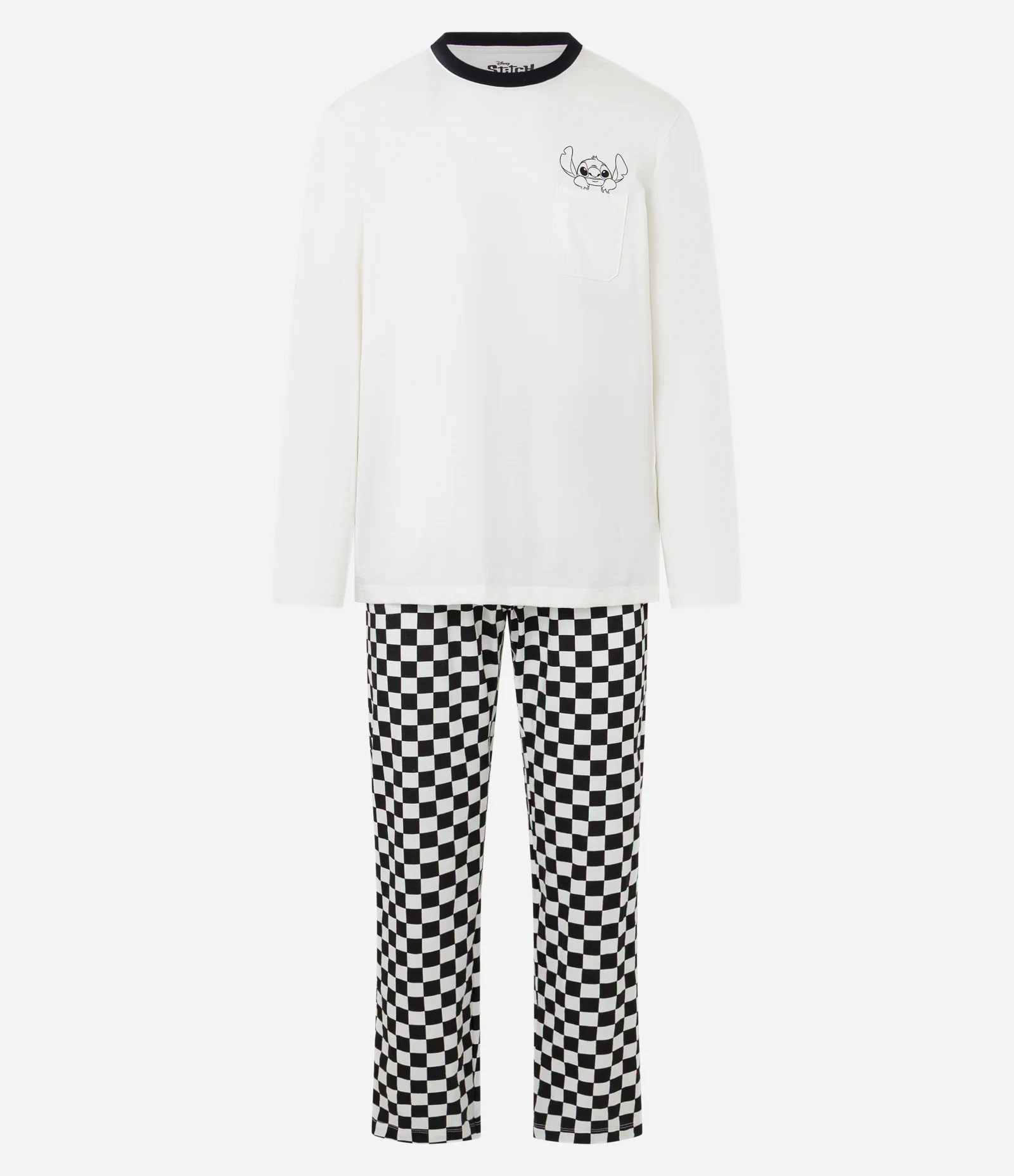 Pijama Longo em Algodão Estampa Stitch e Calça Quadriculada Off White/Preto 1