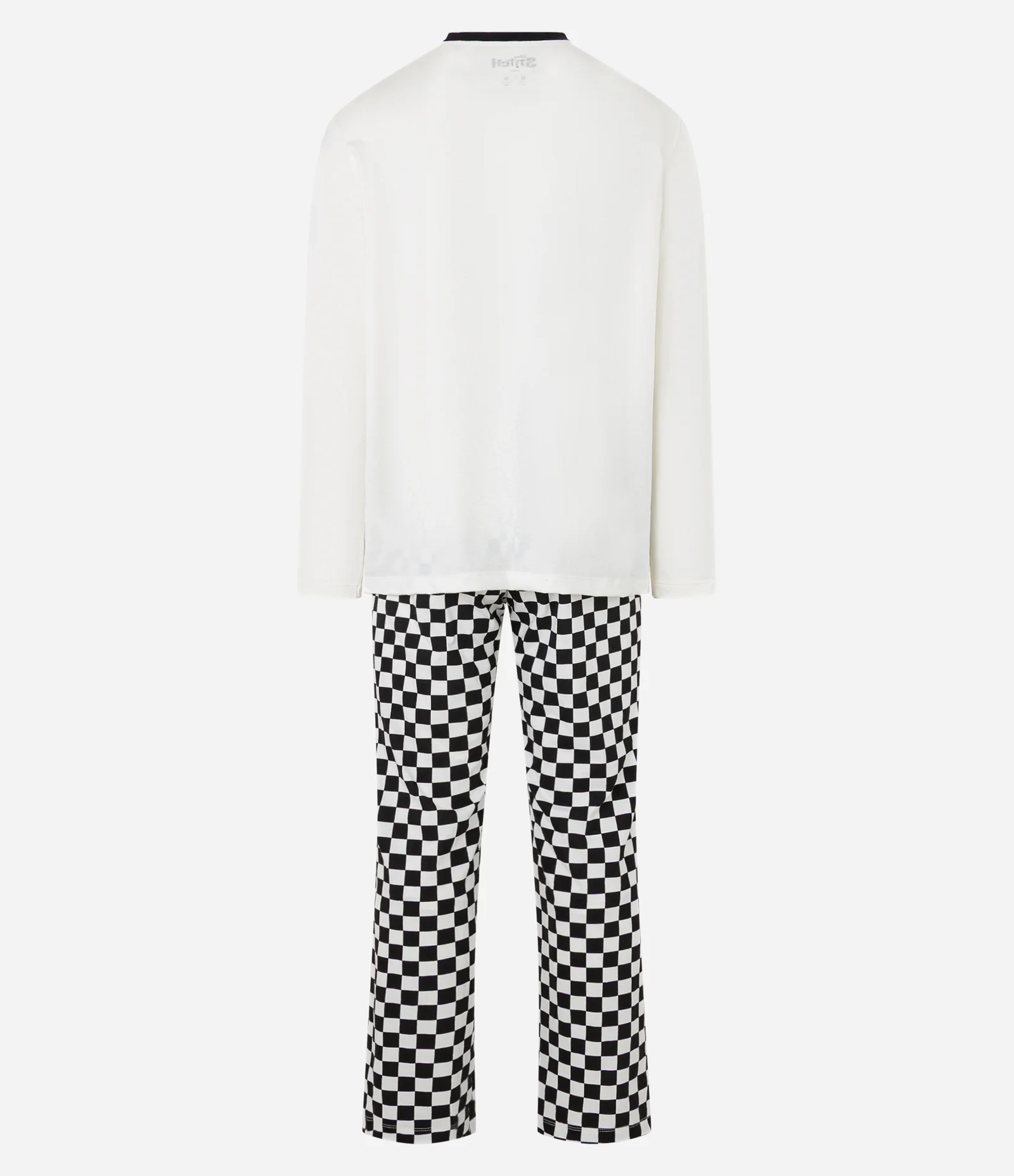 Pijama Longo em Algodão Estampa Stitch e Calça Quadriculada Off White/Preto 2
