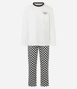 Pijama Longo em Algodão Estampa Stitch e Calça Quadriculada
