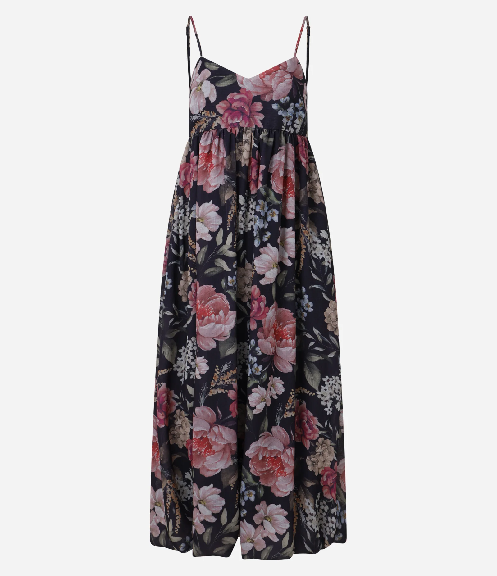 Vestido Boho Balonê Longo em Crepe com Estampa Floral Preto/Rosa 1