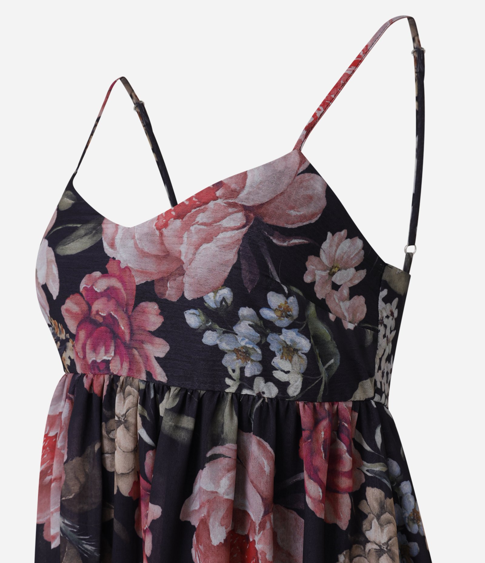 Vestido Boho Balonê Longo em Crepe com Estampa Floral Preto/Rosa 2