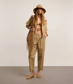 Calça Reta em Tricoline Alfaiatada Boho com Elástico no Cós