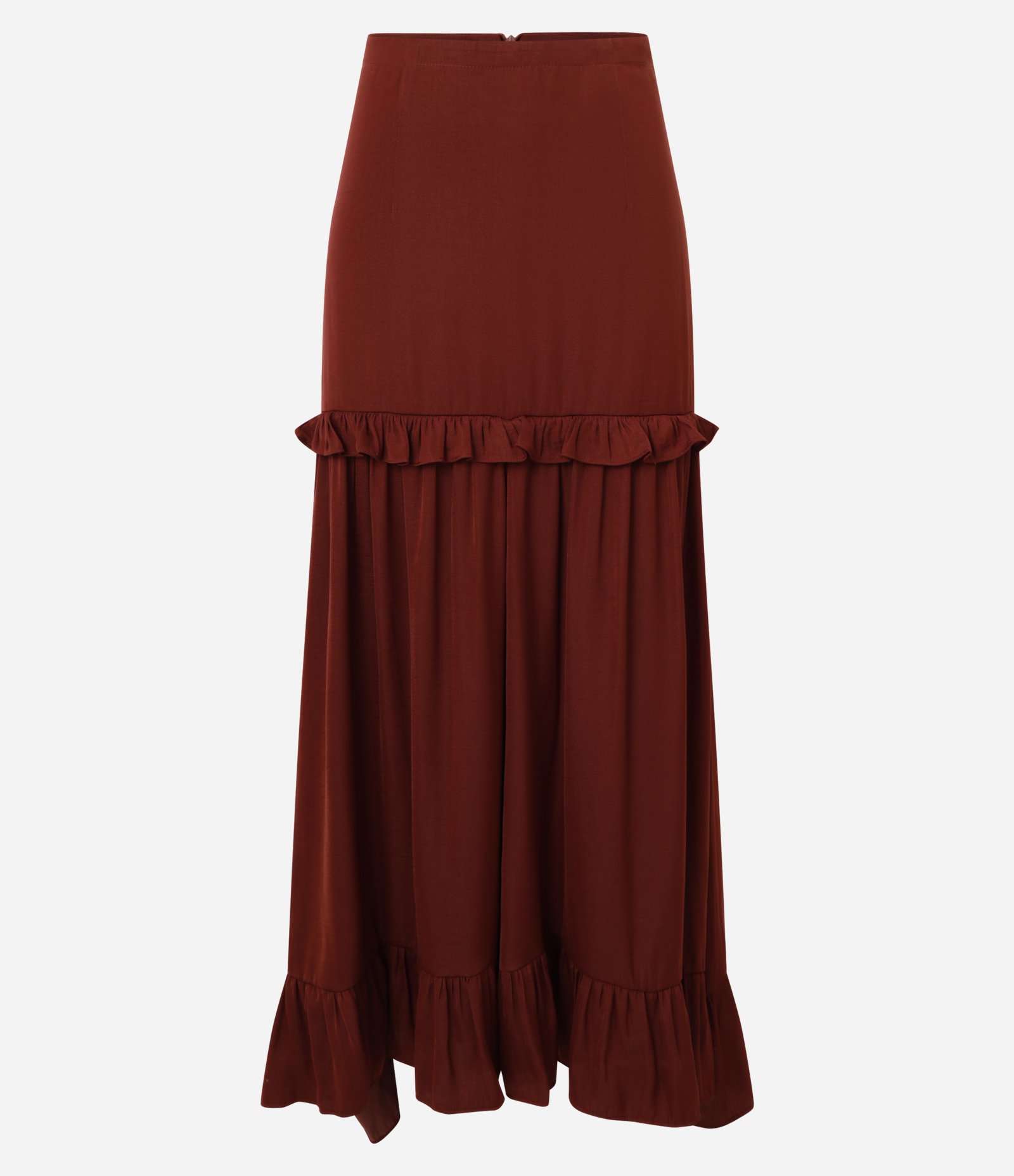 Saia Evasê Midi Acetinada com Babado e Barra Franzida Bordô 8