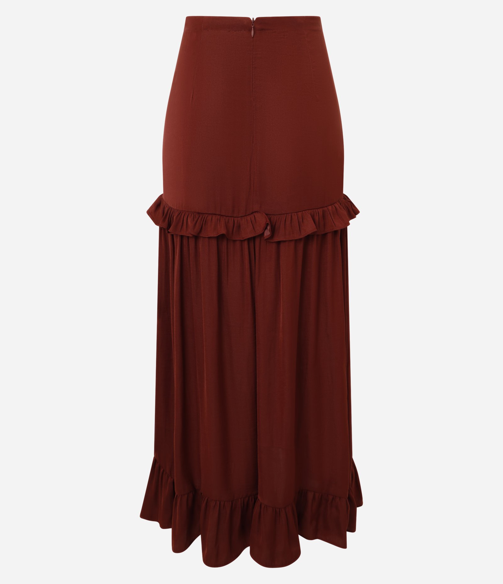 Saia Evasê Midi Acetinada com Babado e Barra Franzida Bordô 9
