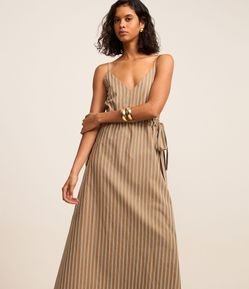 Vestido Evasê Longo em Tricoline Listrado com Amarração