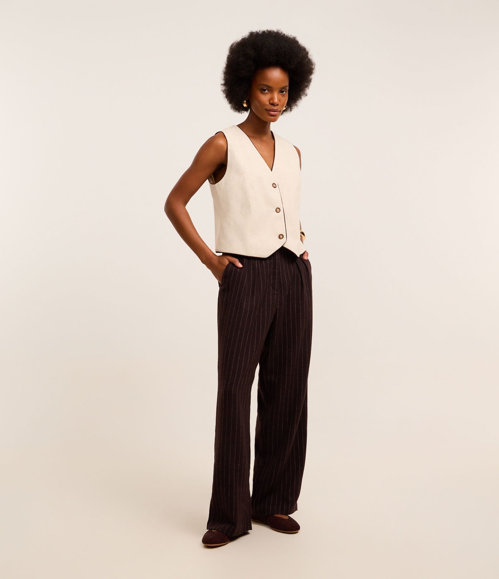 Colete em Viscose e Linho com Vieses Contrastantes Bege 2