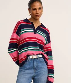Blusa em Tricô com Gola Polo e Listras de Blocos de Cores