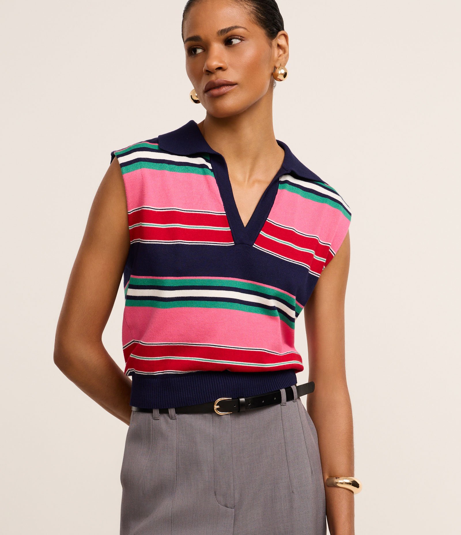 Blusa em Tricô com Gola Polo e Listras de Blocos de Cor Rosa 1