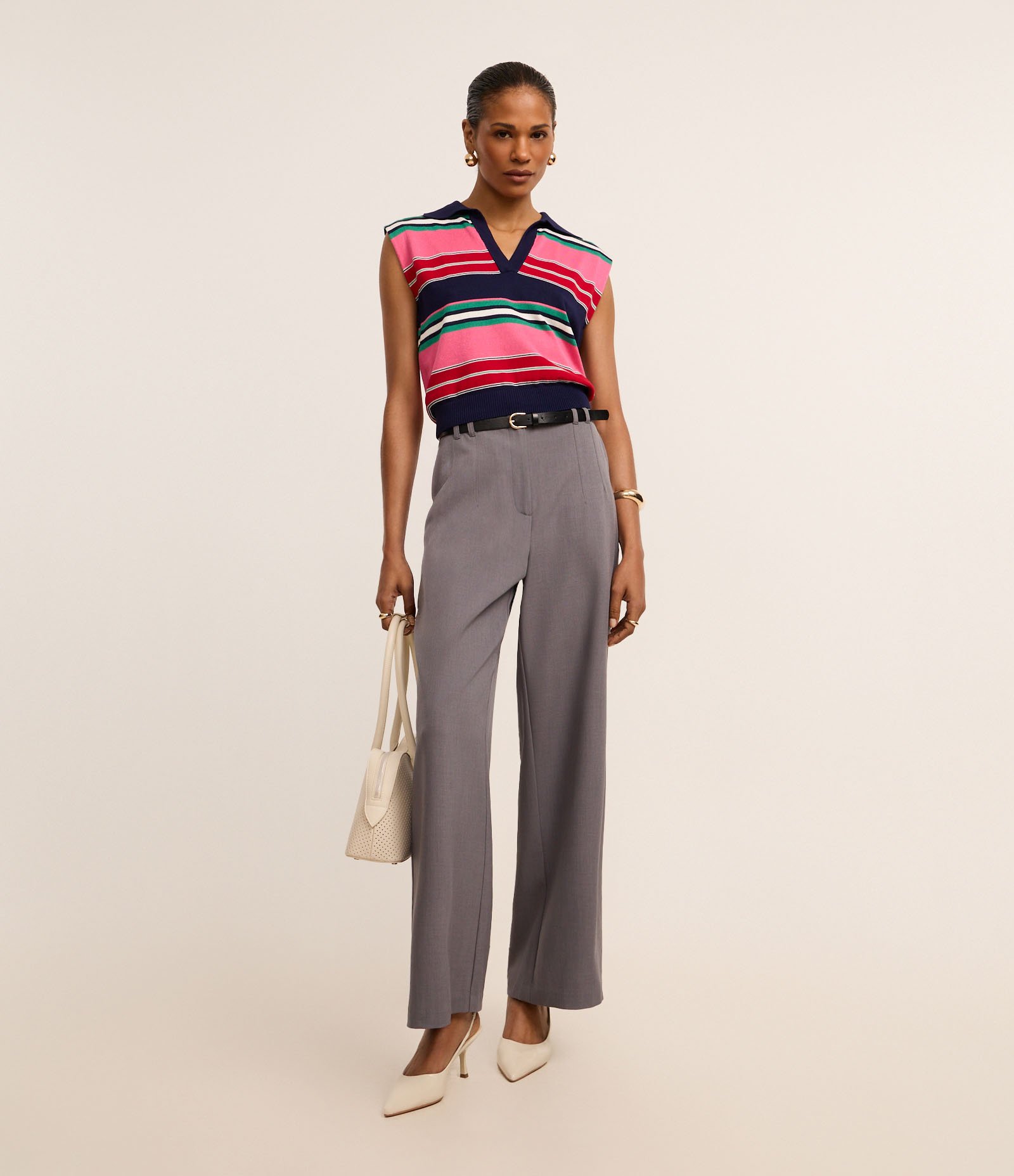 Blusa em Tricô com Gola Polo e Listras de Blocos de Cor Rosa 2