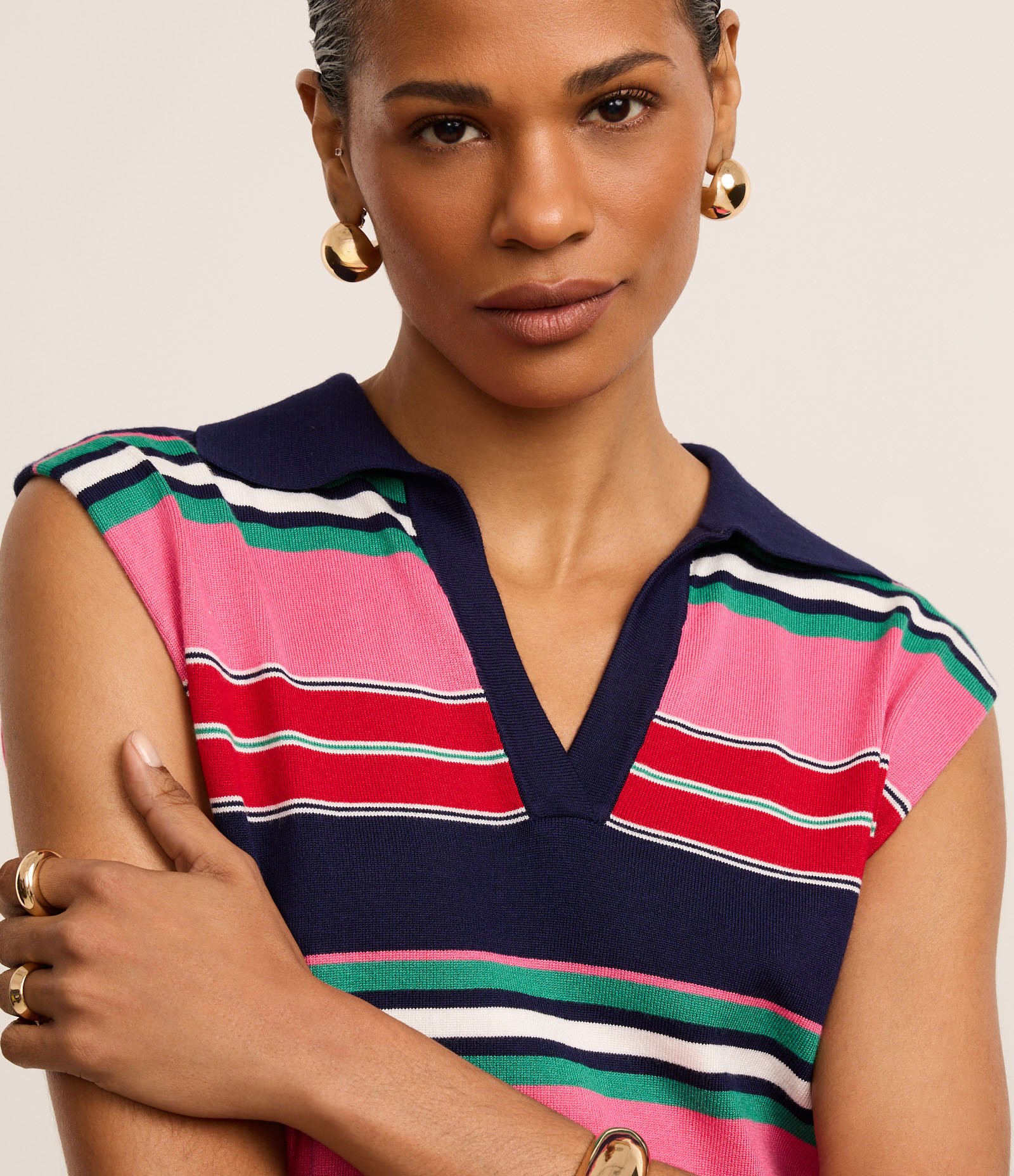 Blusa em Tricô com Gola Polo e Listras de Blocos de Cor Rosa 3