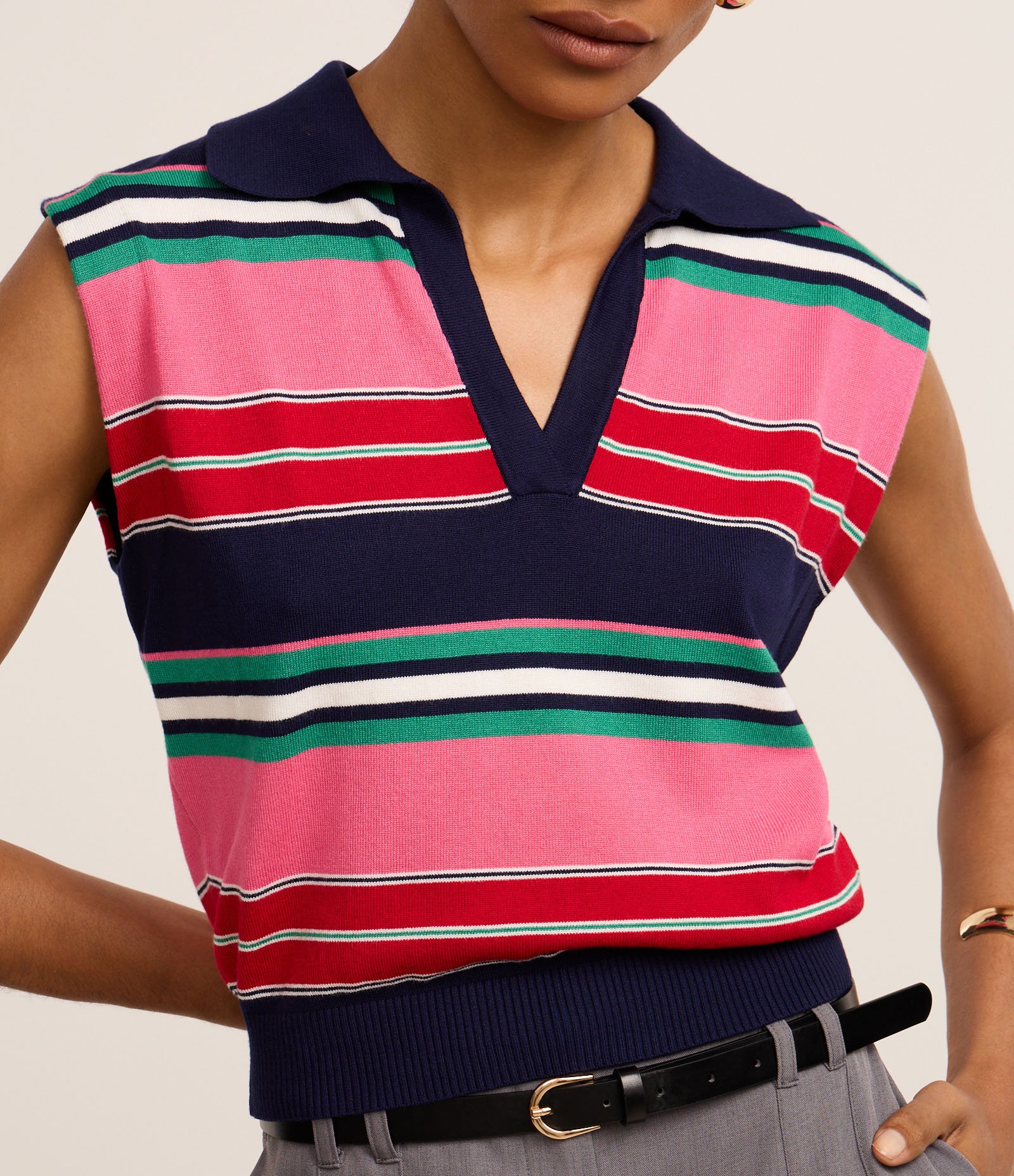 Blusa em Tricô com Gola Polo e Listras de Blocos de Cor Rosa 4