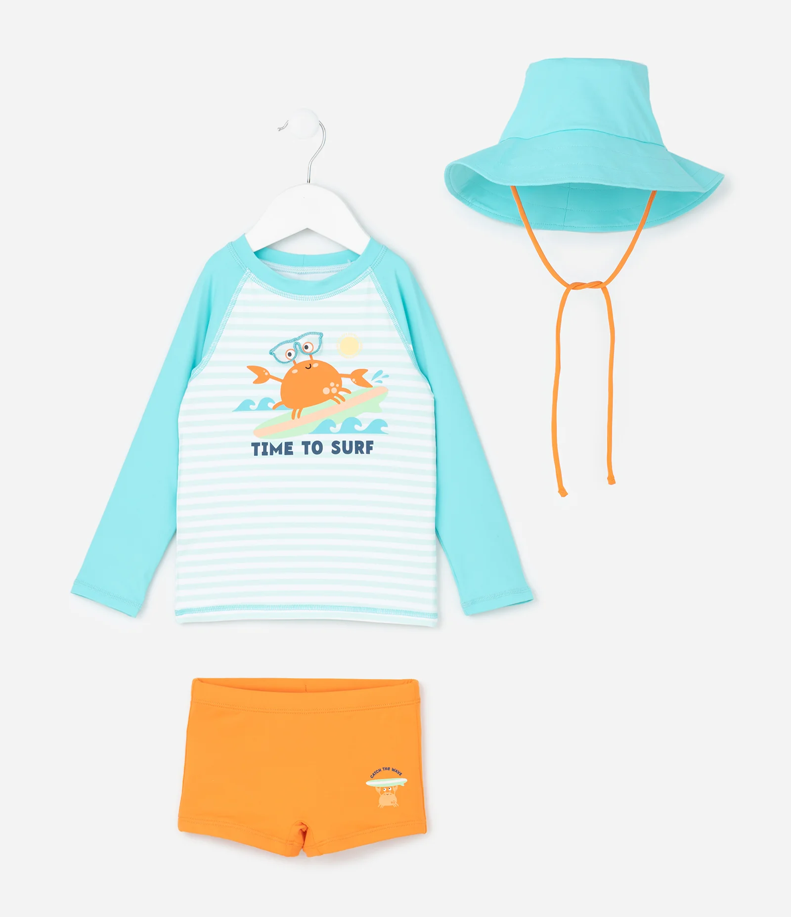 Conjunto Infantil com Proteção UV e Estampa Siri - Tam 6 meses a 4 Anos Azul/Laranja 1