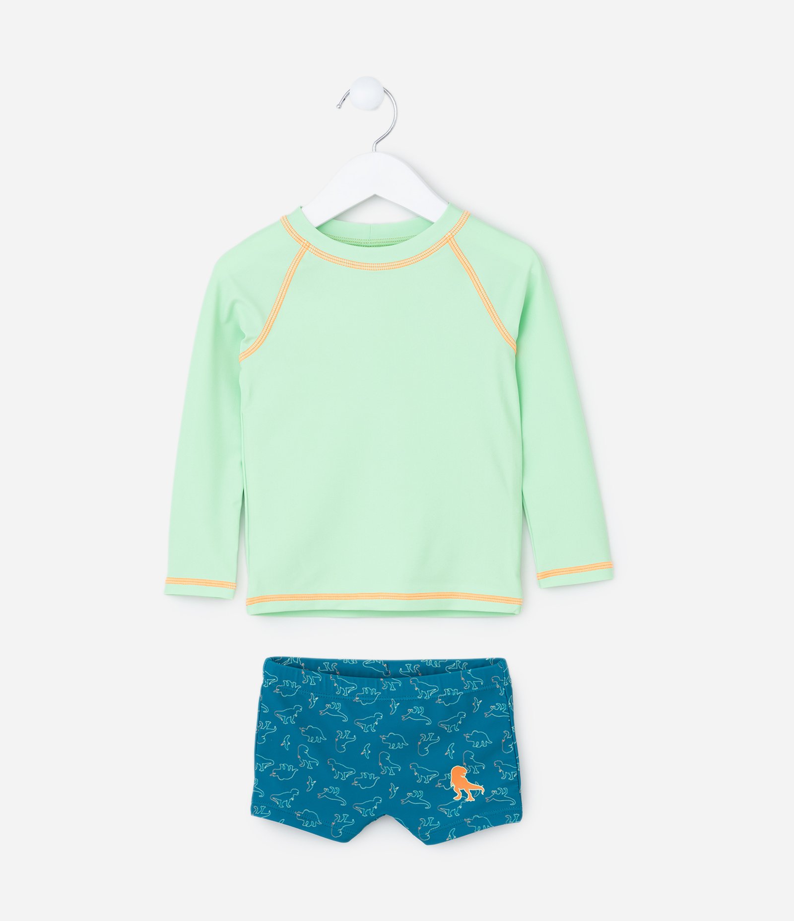Conjunto Camiseta Manga Longa UV e Sunga com Estampa Dinos - Tam 1 a 4 anos Verde 1