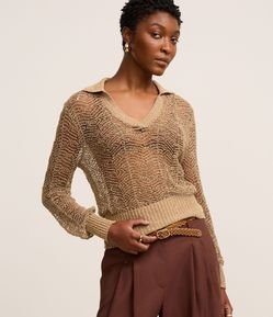 Blusa em Tricô com Gola Polo e Ponto Vazado