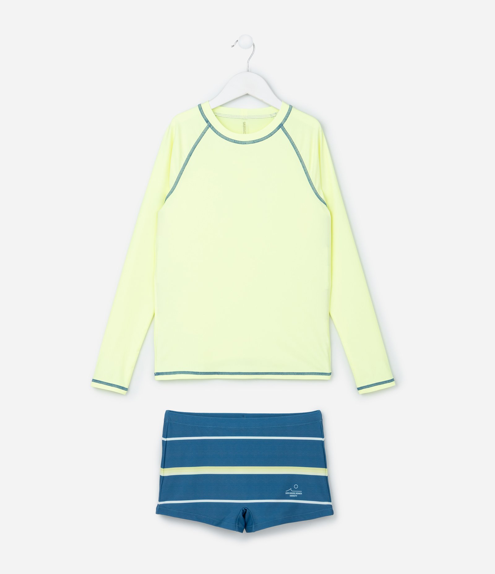Conjunto Infantil com Proteção UV e Estampa Listras - Tam 5 a 14 Anos Amarelo/Azul 1
