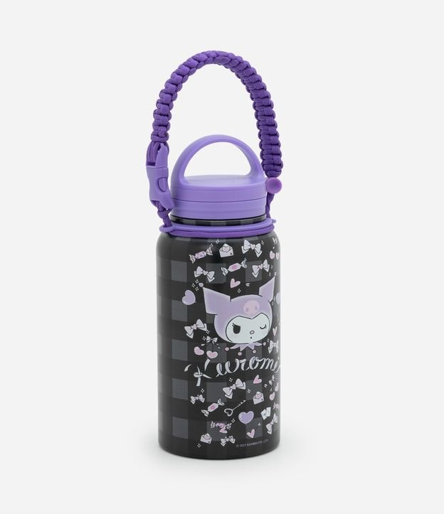 Garrafa Térmica em Metal com Alça e Estampa Kuromi e Xadrez 800ml