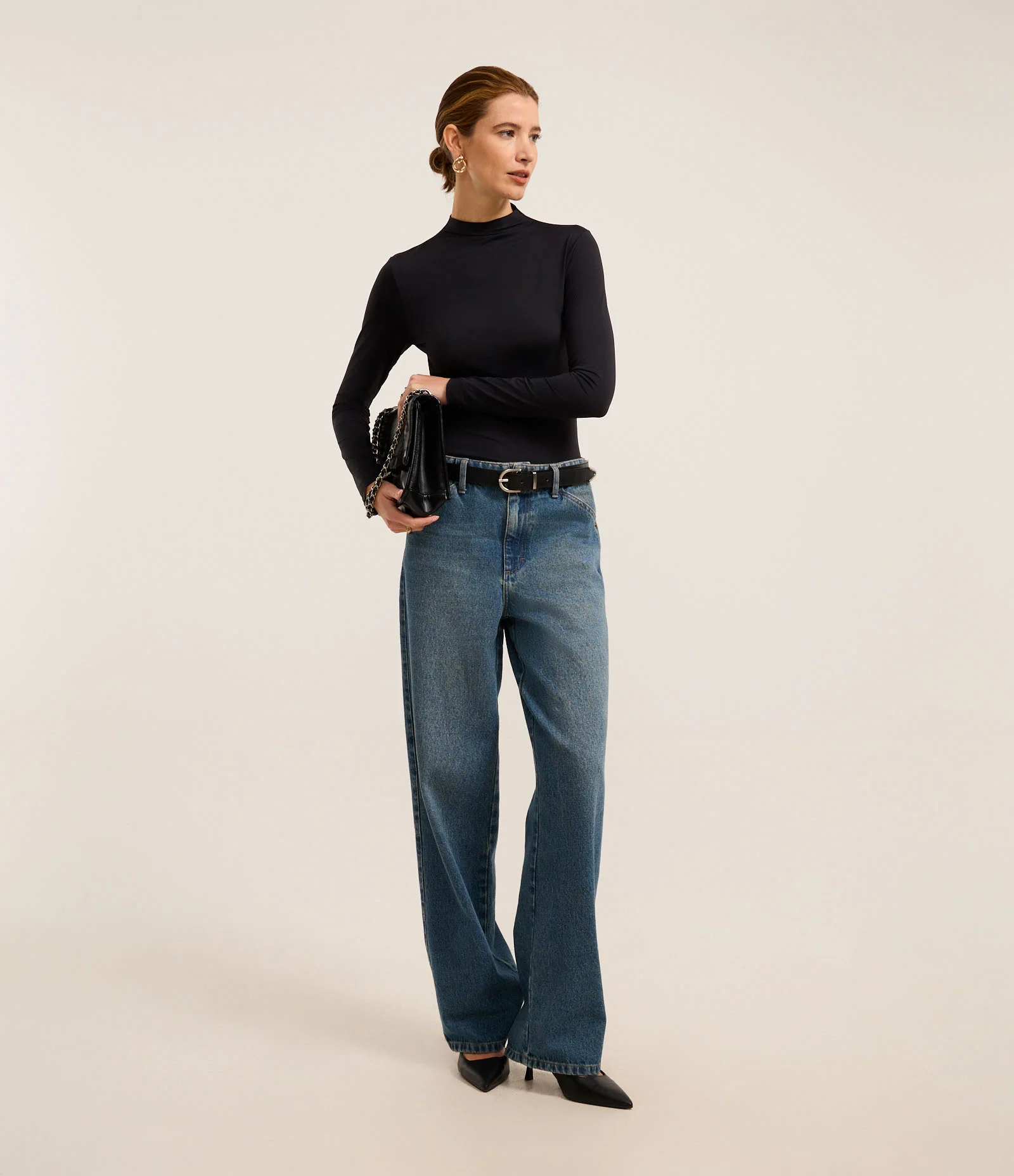 Blusa em Microfibra de Corte a Fio com Gola Alta Preto 2