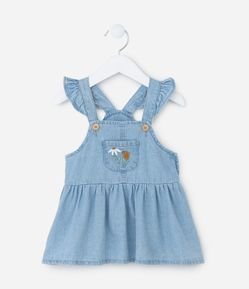 Salopete Infantil em Jeans com Babado e Bordado - Tam 0 a 18 meses