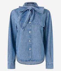 Camisa Jeans com Laço na Gola e Botões Frontais