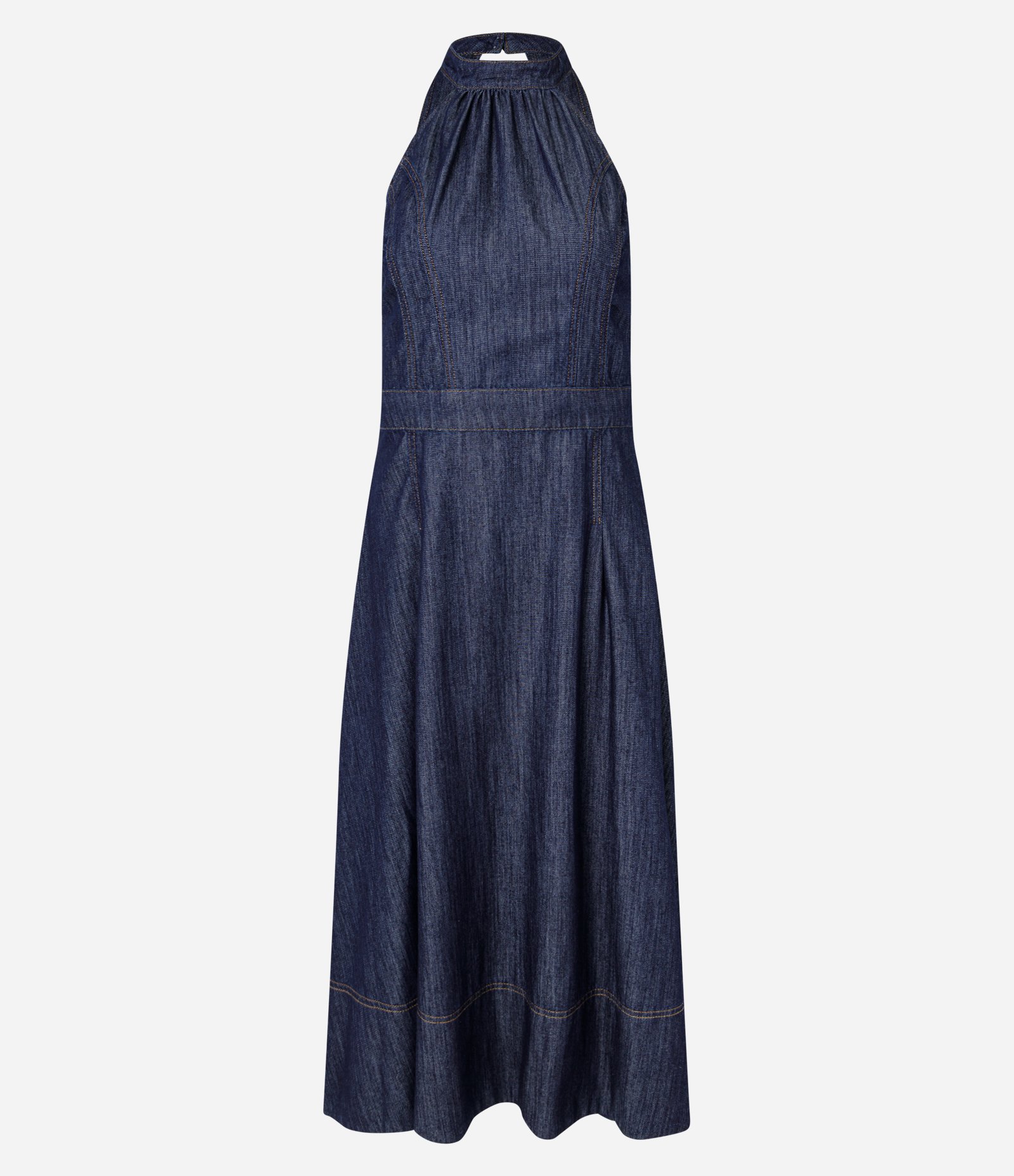 Vestido Midi em Jeans com Frente única e Costas Abertas Azul Escuro 1