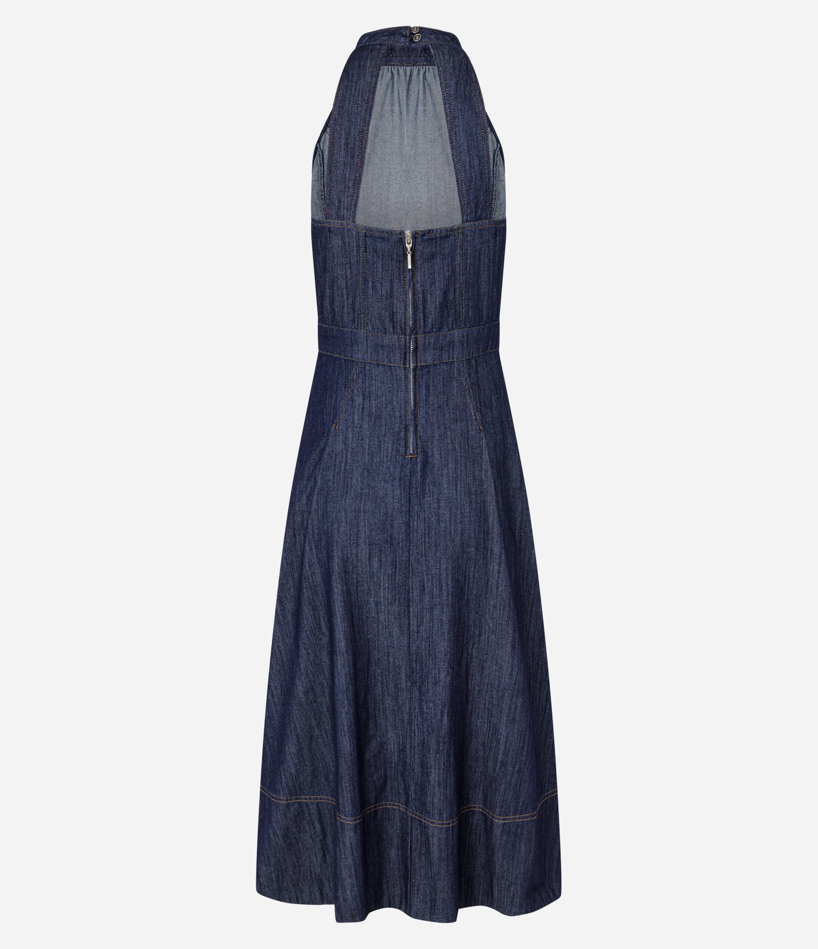 Vestido Midi em Jeans com Frente única e Costas Abertas Azul Escuro 2