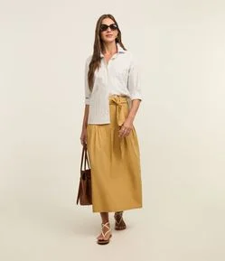 Saia Evasê Midi em Tricoline com Laço na Cintura