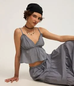 Blusa Alcinha em Tricoline com Estampa Xadrez Vichy