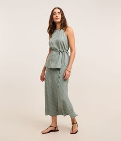 Saia Midi Listrada em Liocel com Linho e Zíper no Cós