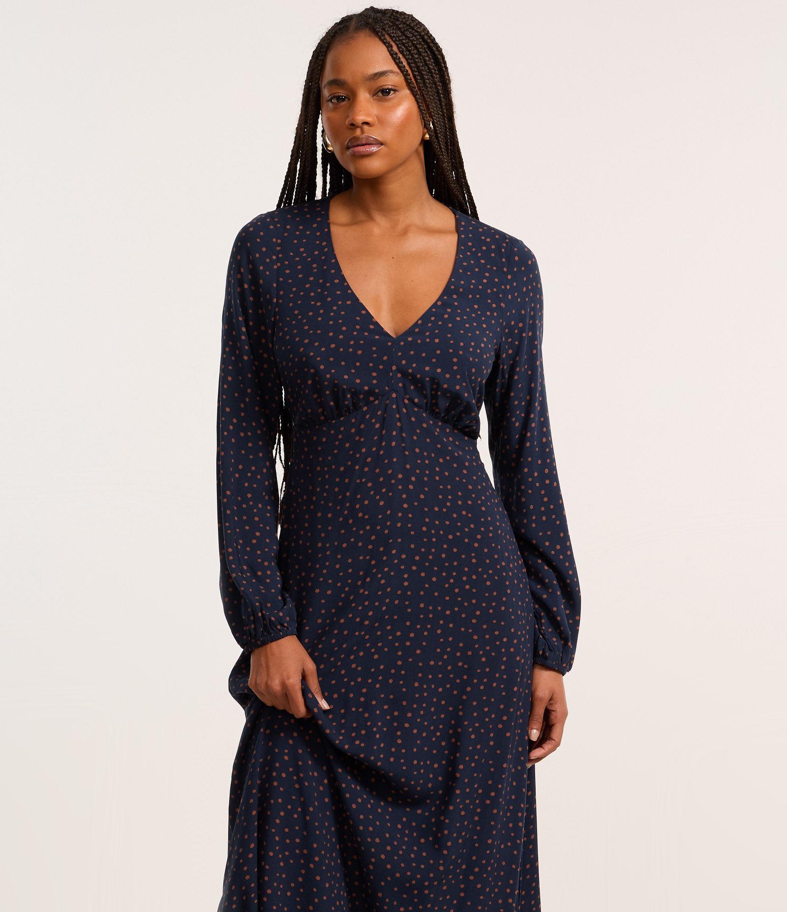 Vestido Longo em Viscose Twill com Mangas Bufantes e Estampa Poá Azul Escuro 2