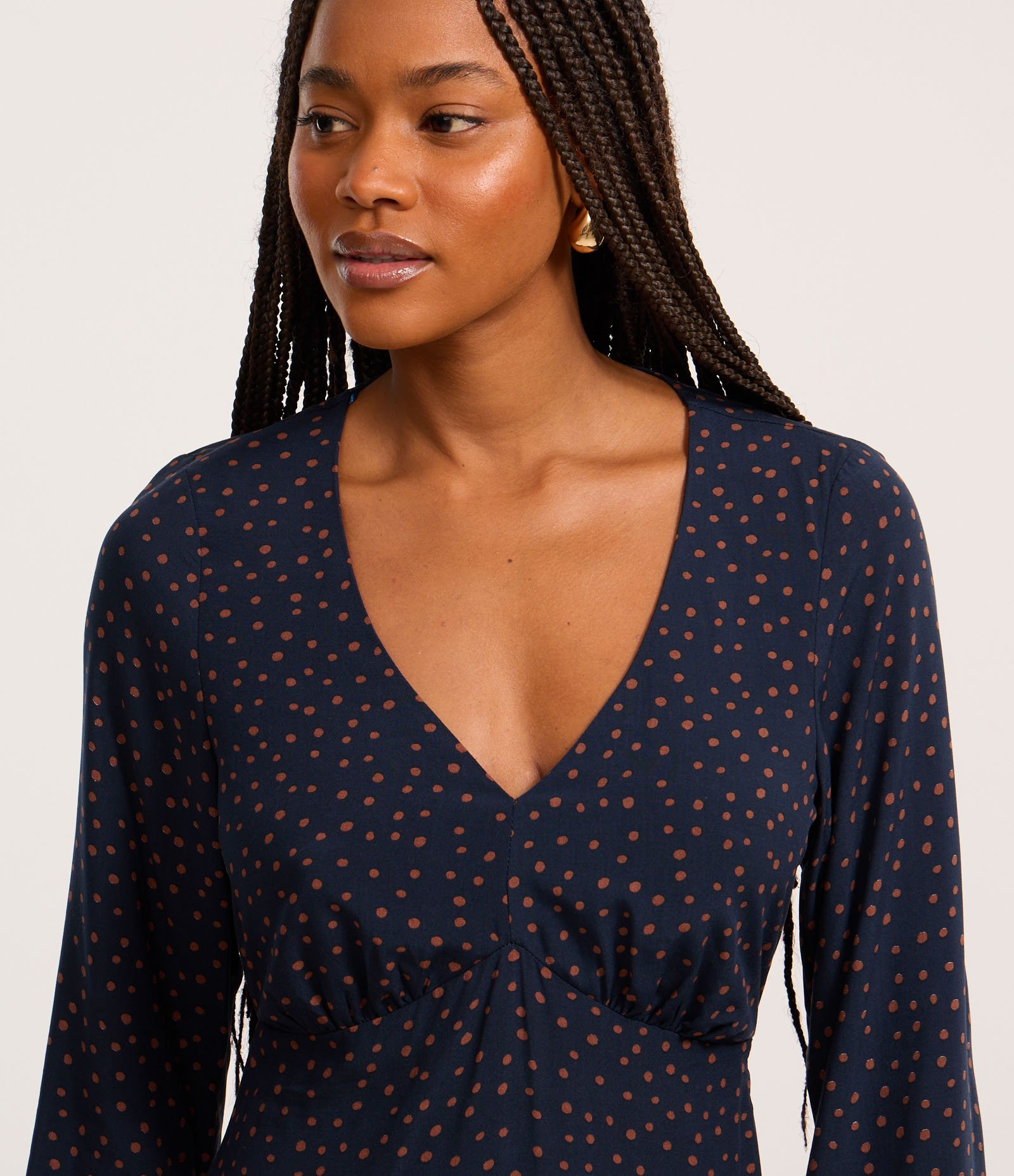 Vestido Longo em Viscose Twill com Mangas Bufantes e Estampa Poá Azul Escuro 3