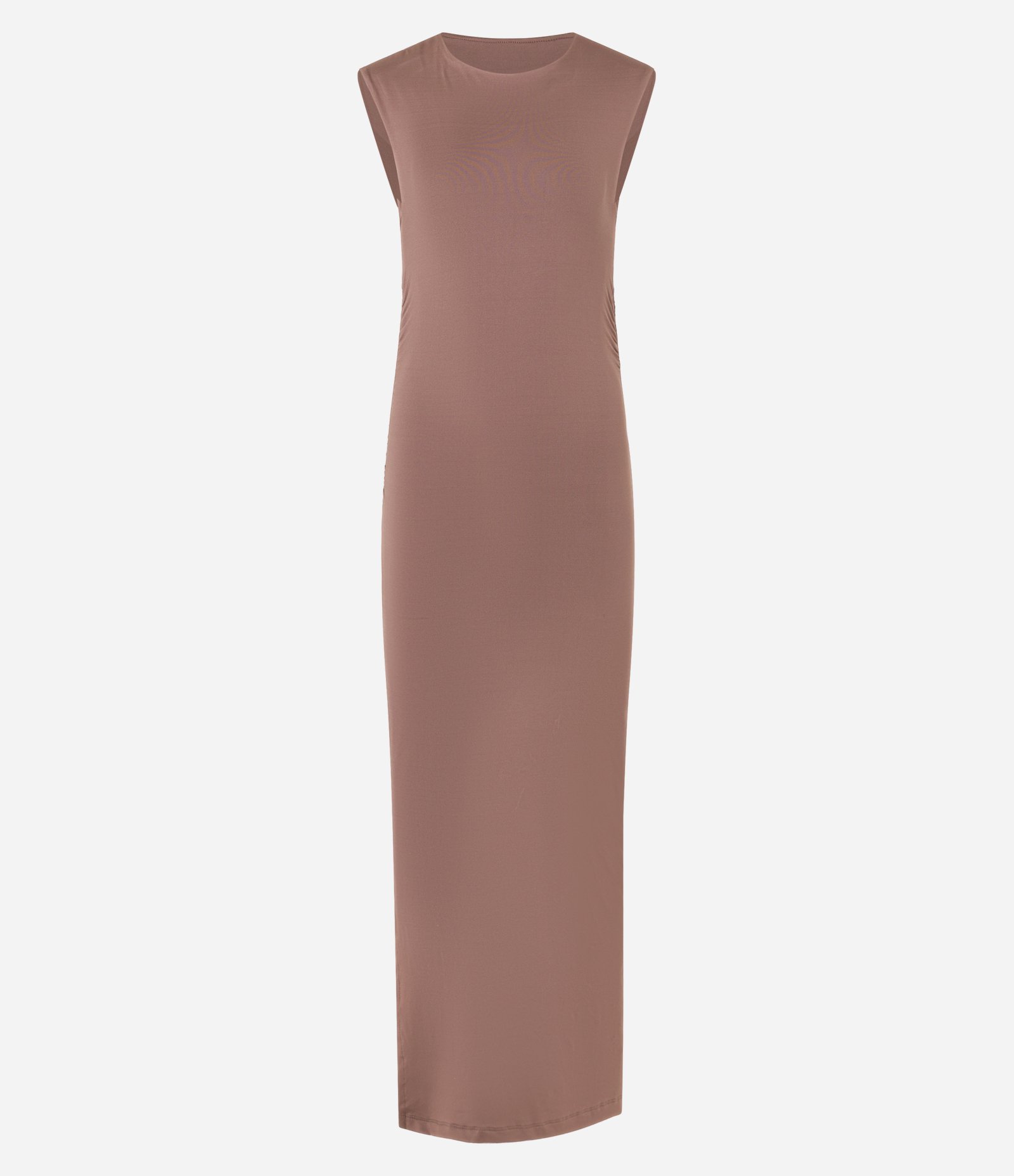 Vestido Midi em Microfibra Ombro com Caimento e Franzidos Marrom 5