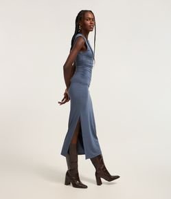 Vestido Midi em Microfibra Ombro com Caimento e Franzidos