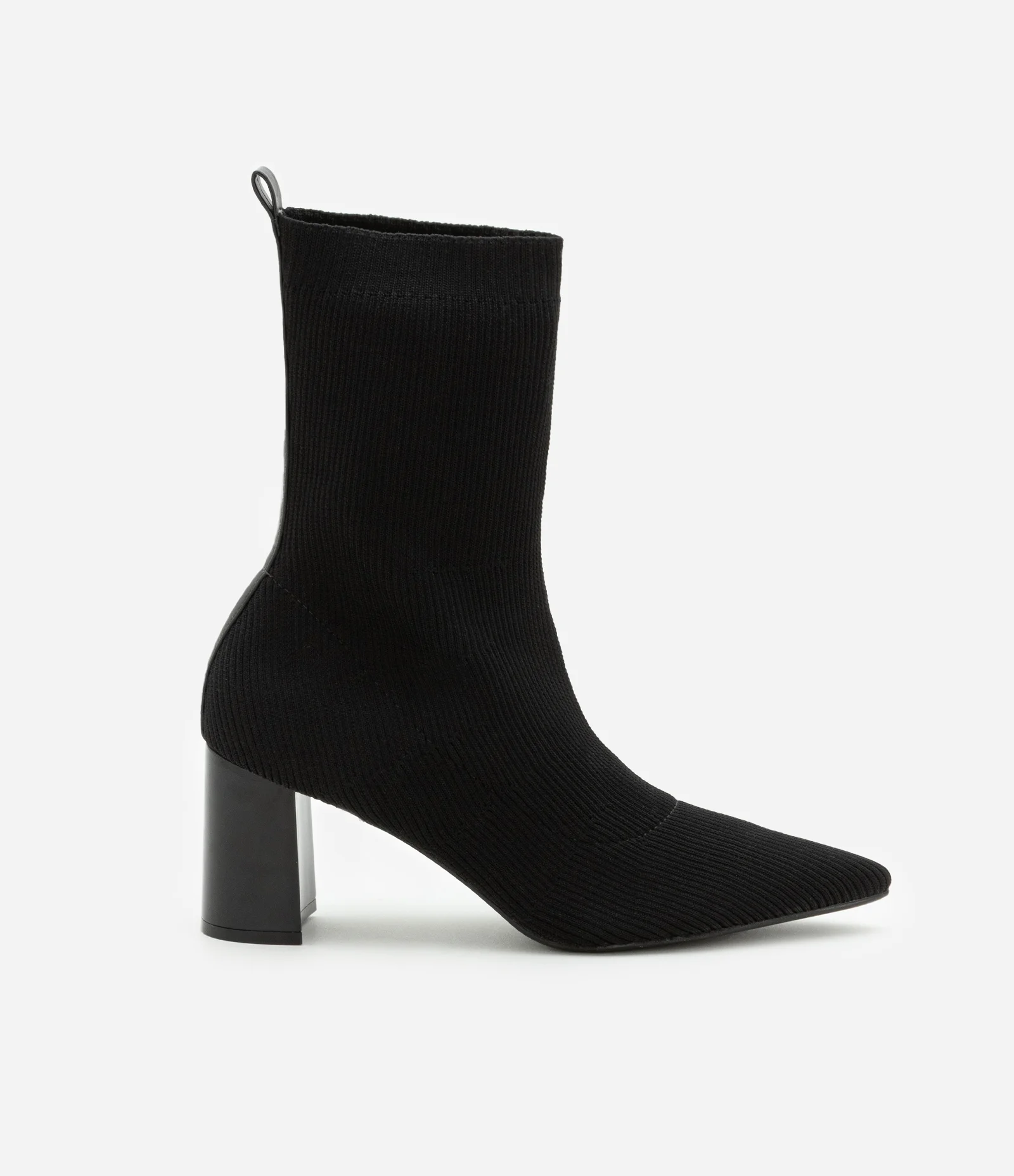 Bota Knit em Tecido Canelado com Bico Fino e Salto Bloco Preto 1