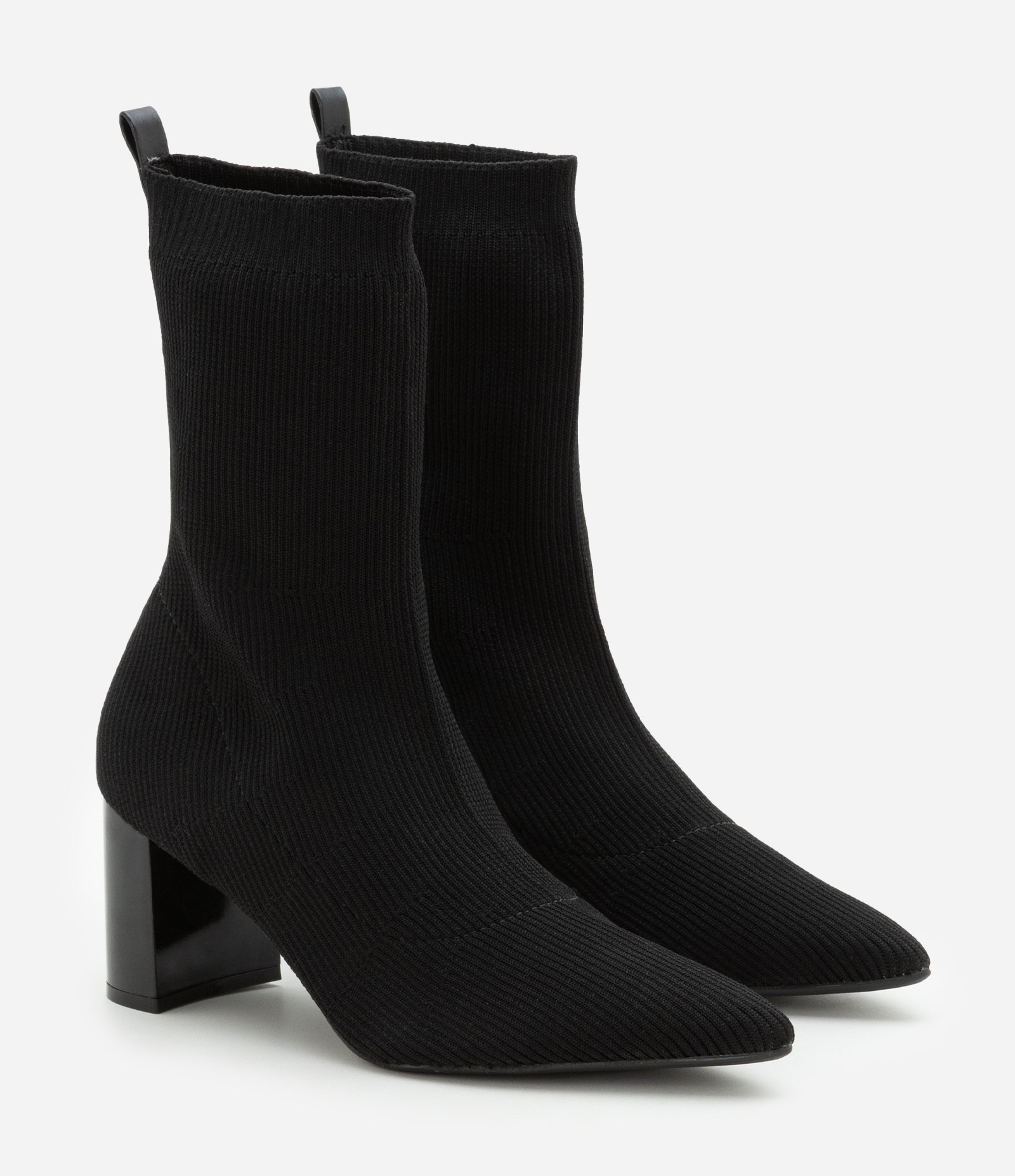 Bota Knit em Tecido Canelado com Bico Fino e Salto Bloco Preto 3
