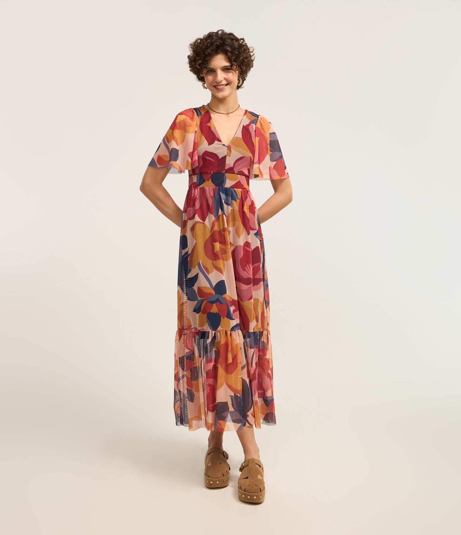 Vestido Evasê Longo em Tule com Estampa Floral Multicores 1
