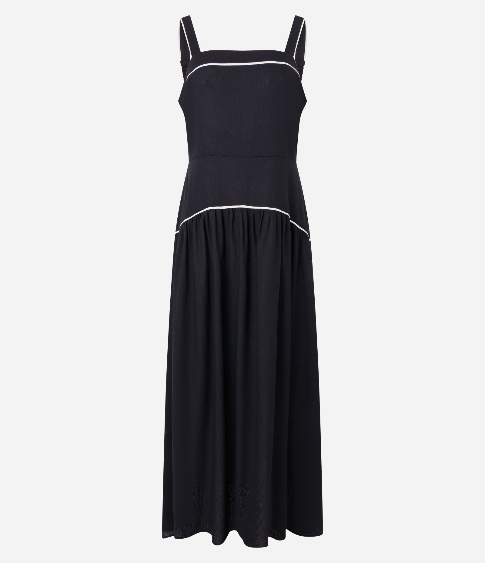 Vestido em Viscolinho com Decote Quadrado e Vieses Contrastantes Preto 6